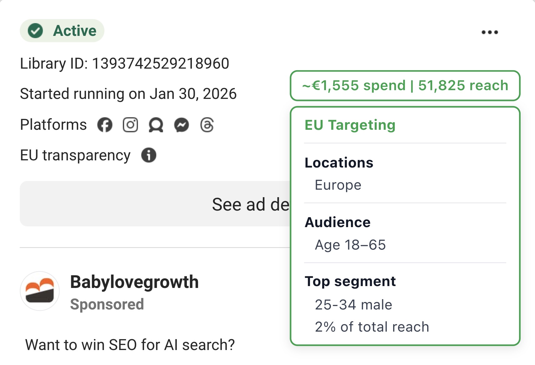 Meta Ad Library card with SpendPeek showing spend, reach, and EU targeting data
