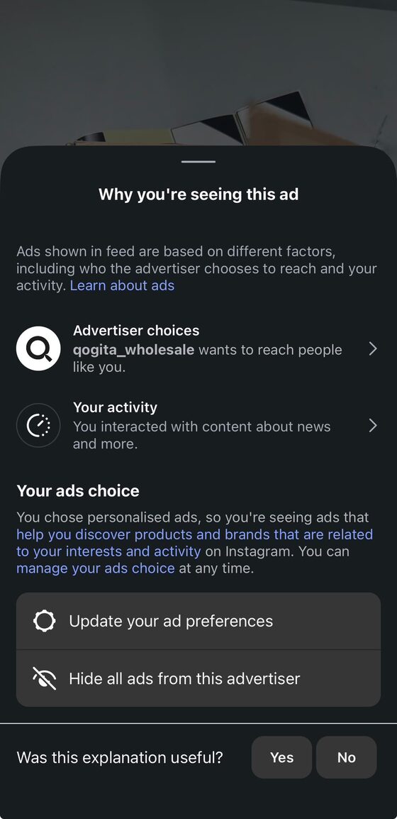 Why you're seeing this ad screen with the Advertiser choices option