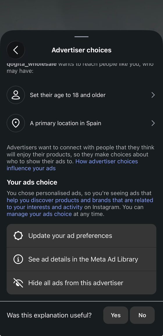 Advertiser choices screen with 'See ad details in the Meta Ad Library'