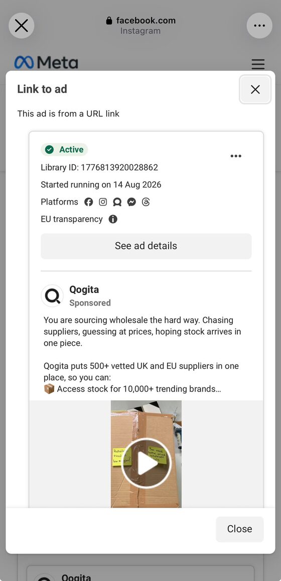 The ad open in the Meta Ad Library with its Library ID